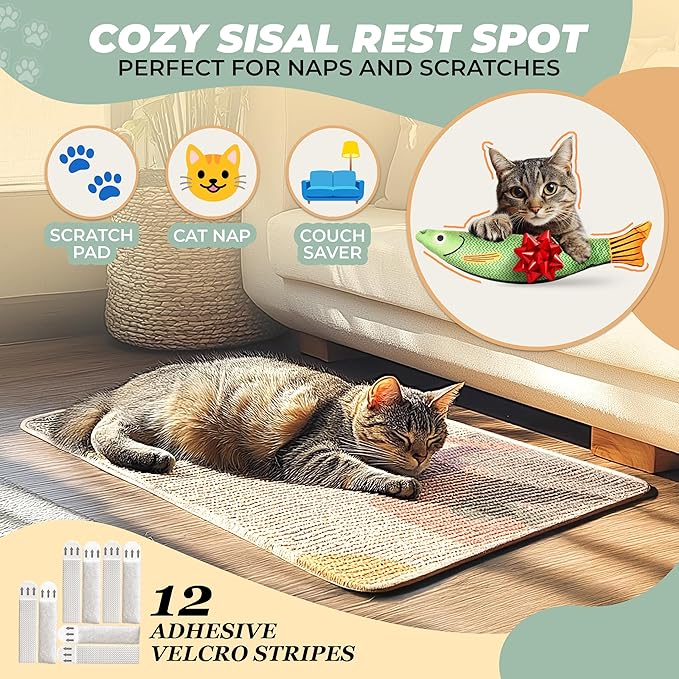 SCRATCHABLE Sisal Cat Scratcher, [+ Catnip Fish Toy], Cat Wall Scratcher, Couch Protector from Cat Scratching, 24 X 15.8 with 12 Adhesive Velcro Stripes. (Modern)