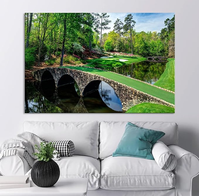 Nature Wall Art Prints - Ocean Forest Mountain Lake Canvas Landscapes - Small to Extra Large Living Room Bedroom Kitchen Bathroom Décor (Golf Course with Stone Bridge, 31L" x 47W")