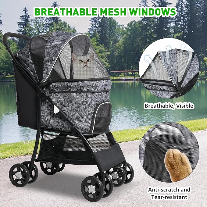 Lightweight Pet Stroller for Small/Medium Dogs and Cats - Foldable Travel Carriage with Storage Basket, Breathable Mesh & 4 Wheels - Up to 33 lbs – Black