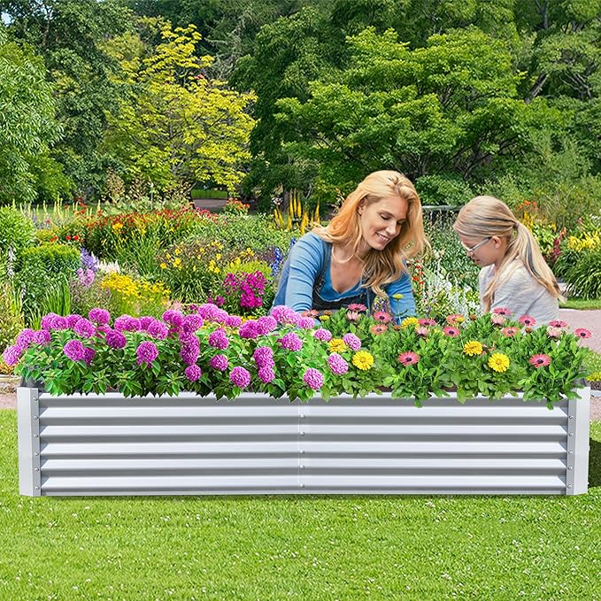 Domi Raised Garden Beds Outdoor, 8x4x1.5Ft Thickening Tall Metal Rectangular Deep Root Box Planter for Vegetables, Flowers, Herbs, and Succulents 1.5" Deep w/ 342 Gallon Capacity - Silvery