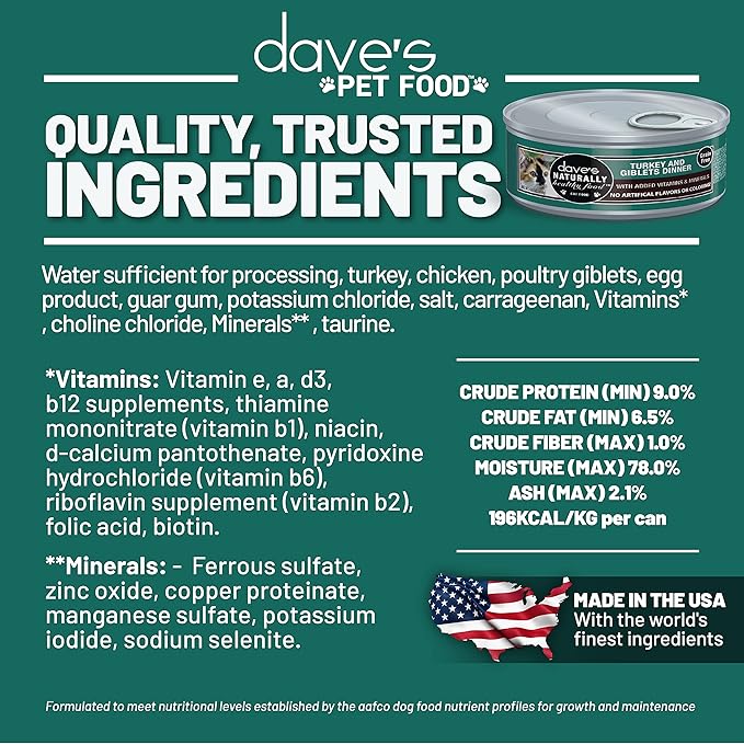 Dave's Pet Food Grain Free Wet Cat Food Gravy (Turkey & Giblets Dinner in Gravy), Made in USA Naturally Healthy Canned, Added Vitamins & Minerals, 5.5 oz Cans (24 Pack)