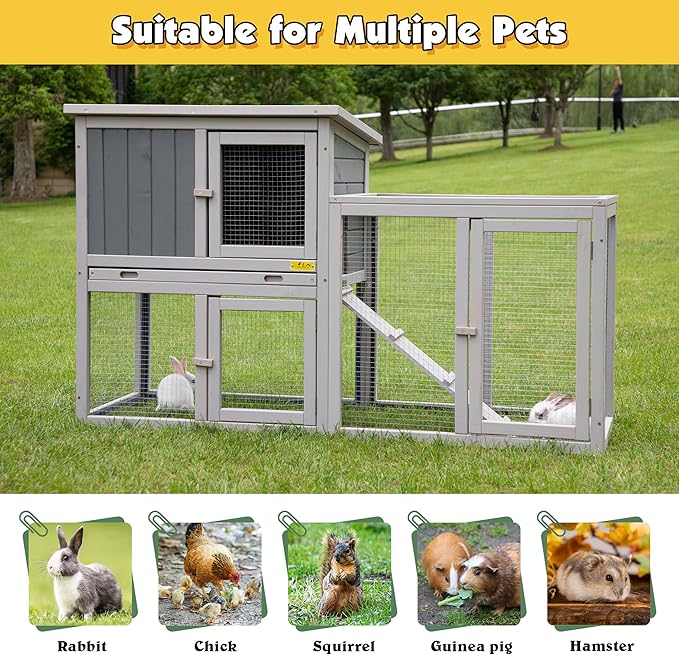 Assembled Wooden Indoor & Outdoor Rabbit Hutch, 2 Story Small Animal House Habitat, Durable Pet Bunny House Cage with Cleaning Tray, for Bunny Chick Duck Hamster (Grey)