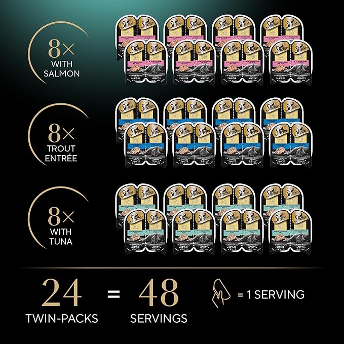 Sheba Perfect Portions Wet Cat Food Cuts in Gravy Variety Pack, with Sustainable Salmon, Tender Trout Entree, and with Sustainable Tuna, 2.6 oz. Twin-Pack Trays (24 Count, 48 Servings)