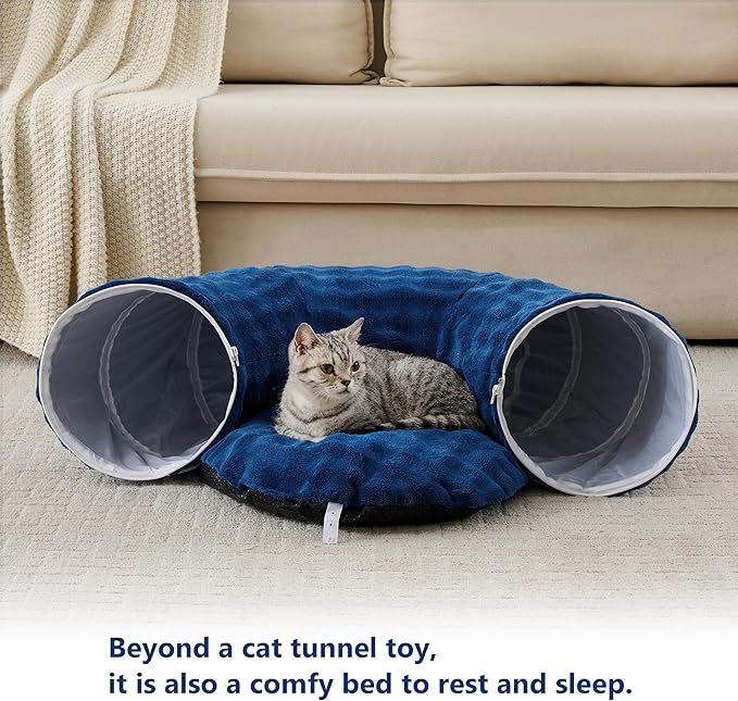 Bubble Cat Tunnel for Indoor Cats, Round Peekaboo Cave Toy with Dangling Balls, Donut Tunnel Bed with Circle Mat for Puppy Kitten Rabbit, Navy Blue