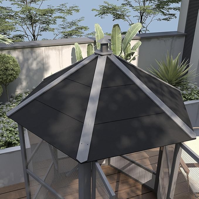 PawHut 69" Large Wooden Hexagonal Outdoor Aviary Flight Bird Cage with Covered Roof, Light Gray