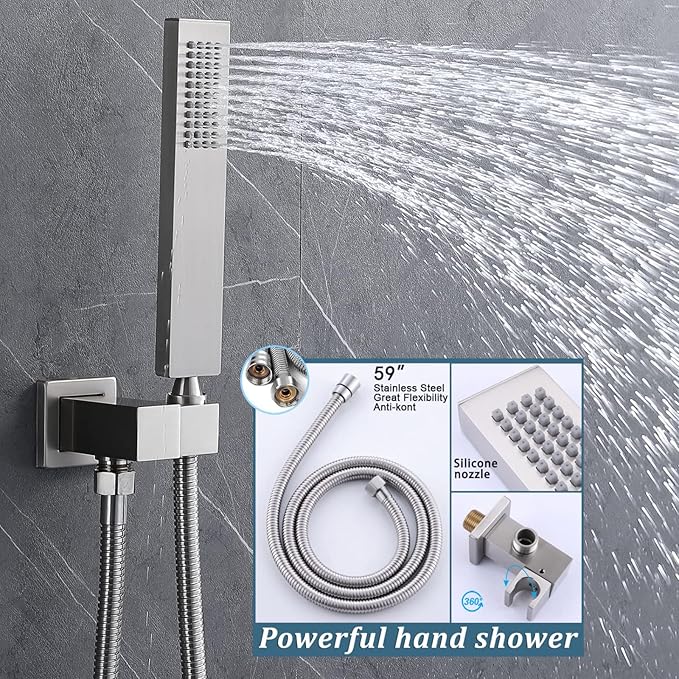 Brushed Nickel Shower System Set Temperature Display Push Button Shower Faucet with 12 inch and 8 inch Wall Mount Full Body Shower Head and Handheld Shower