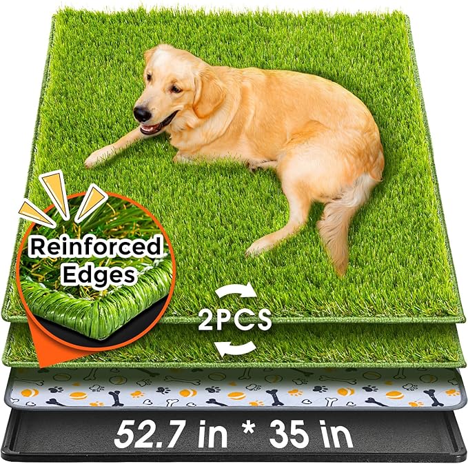 Hompet Dog Grass Pad with Tray Large, 52.7"x35", 2 Reusable Artificial Turf for Dogs Potty, Waterproof Non-Slip Washable Pee Pads, Quickly Absorbency Portable Dog Litter Box for Indoor/Outdoor Use