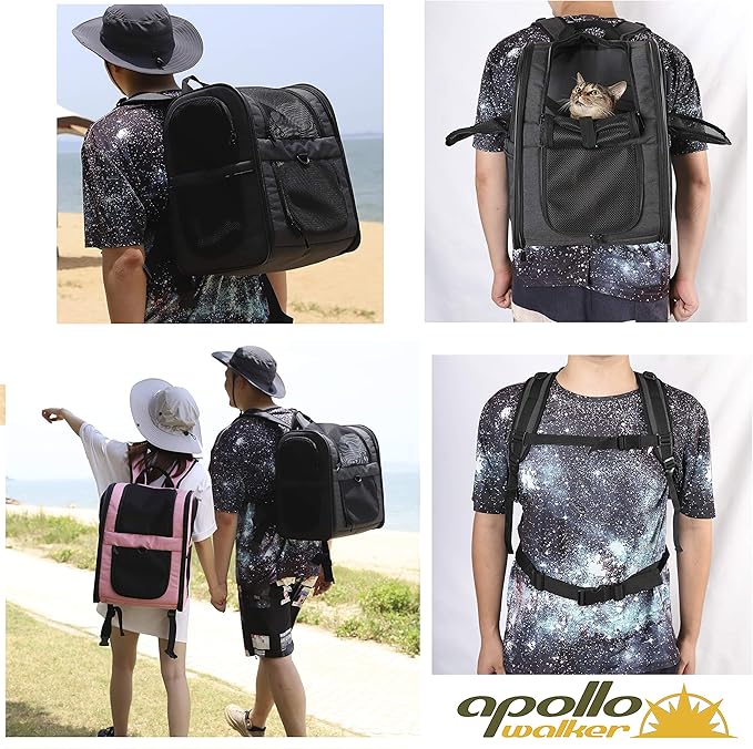 Apollo Walker Dog & Cat Carrier Backpack for 4-15lb Pets - Ventilated Safe Design with Padded Back Support, Breathable Mesh Pet Backpack for Hiking, Travel, Outdoor (Black)