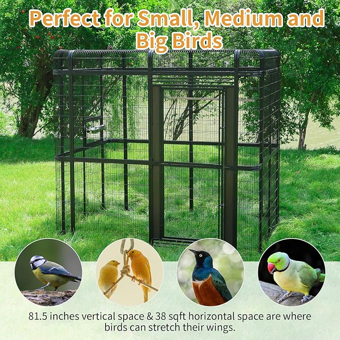 Large Bird Cage for Parakeets Outdoor Bird Aviary Parrot Cage with Perch, Walk-in Heavy Duty Birdcage for Macaws Canaries Parrots Budgie Lovebirds, Black