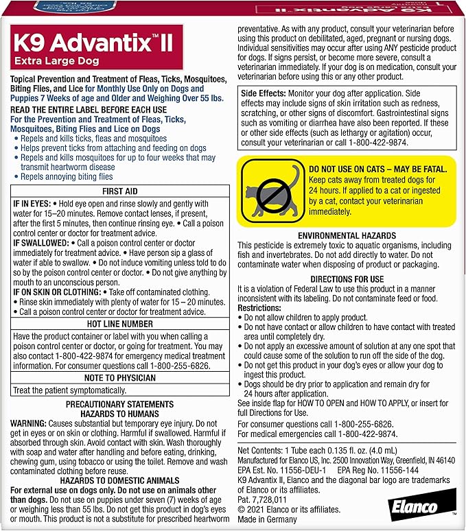 K9 Advantix II XL Dog Vet-Recommended Flea, Tick & Mosquito Treatment & Prevention | Dogs Over 55 lbs. | 1-Mo Supply
