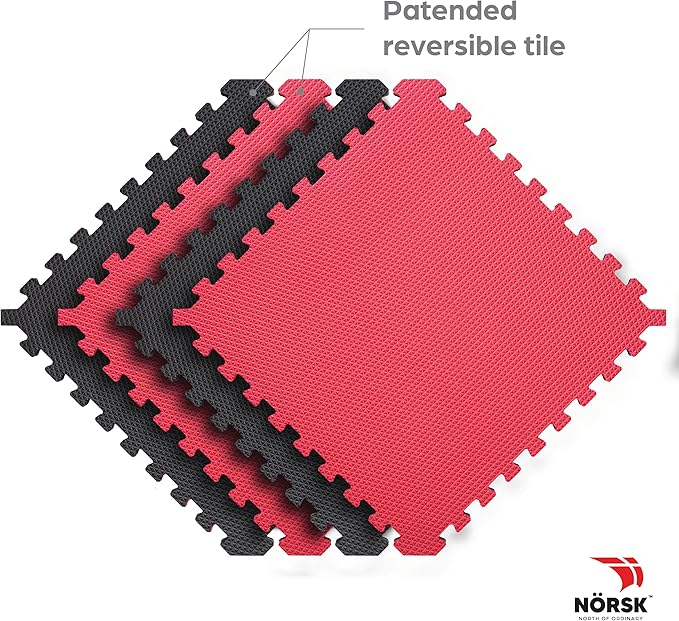 Norsk Reversible Gym Exercise Mats 3/4" Thick EVA Interlocking Foam Tiles, Perfect Home Gym Flooring, 24 Tiles & 48 Trim Pieces, 96 Sq. Ft. Reversible, Red/Black