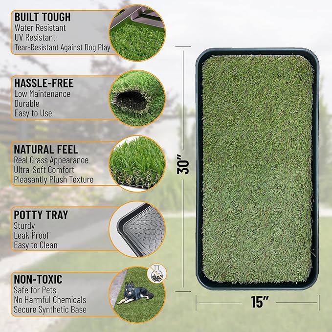 Ottomanson Artificial Grass Puppy Potty Training Pad with Tray, 15" x 30" Reusable Pee Pad for Small Pets and Dogs