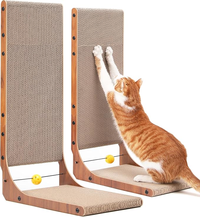 FUKUMARU Cat Scratcher, 26.8 Inch Cat Scratch Pad for Indoor Cats, L Shaped Cardboard Vertical Cats Scratching Board with Ball Toy, Walnut Color, 2 Packs
