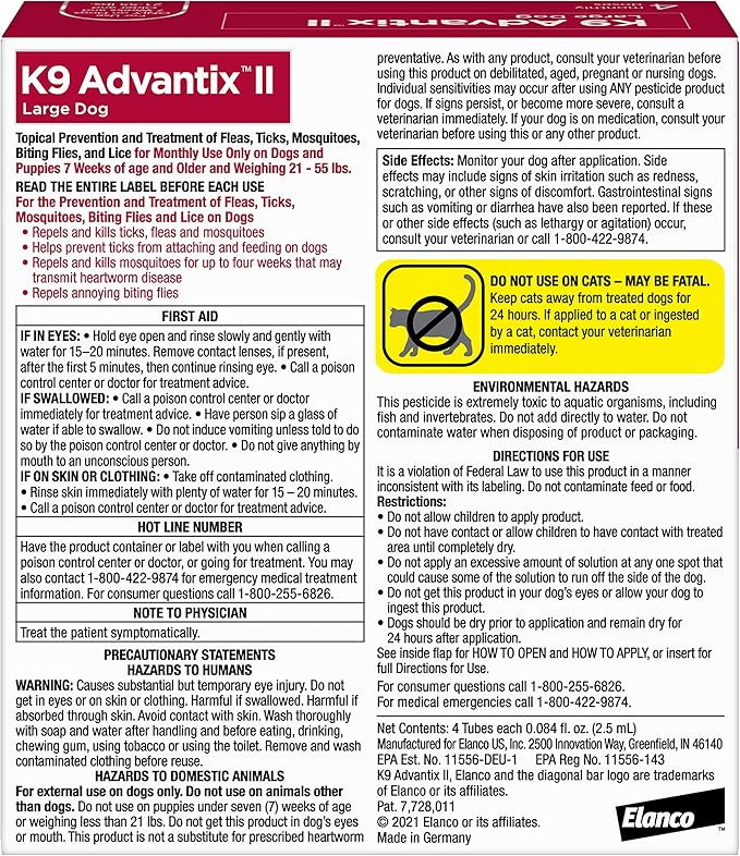 K9 Advantix II Large Dog Vet-Recommended Flea, Tick & Mosquito Treatment & Prevention | Dogs 21 - 55 lbs. | 4-Mo Supply