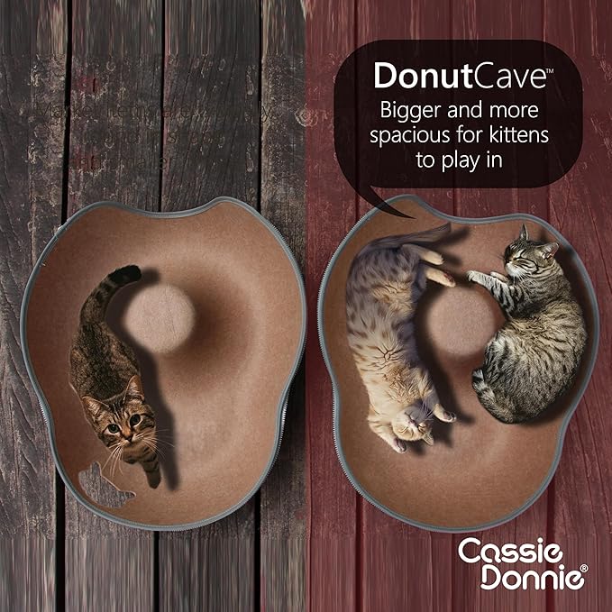 Cat Tunnel Bed for Indoor Cats, Medium Large, Donut Cave House up to 22 Lbs, Spacious for 2 Kittens (Brown)