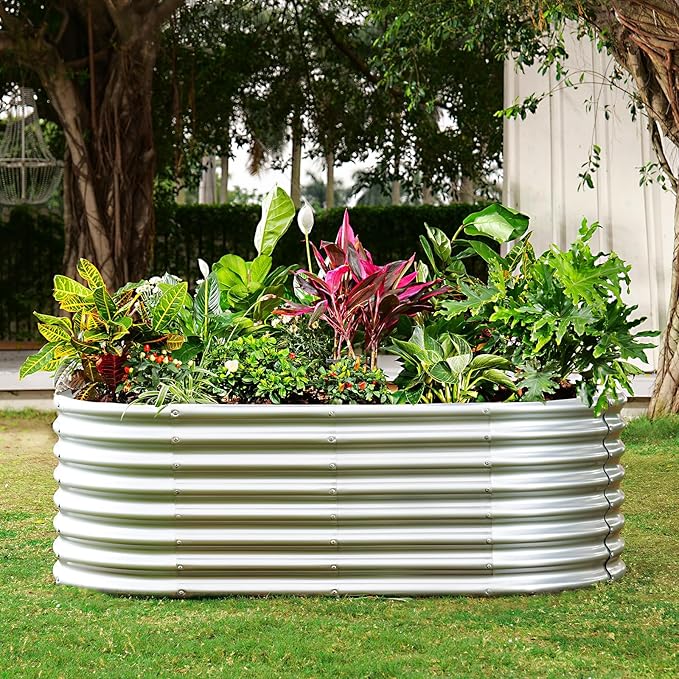 Land Guard 24“ Tall Galvanized Raised Garden Bed Kit, Galvanized Planter Garden Boxes Outdoor, Oval Large Metal Raised Garden Bed for Vegetables (Classic Silver, 4×2×2ft)