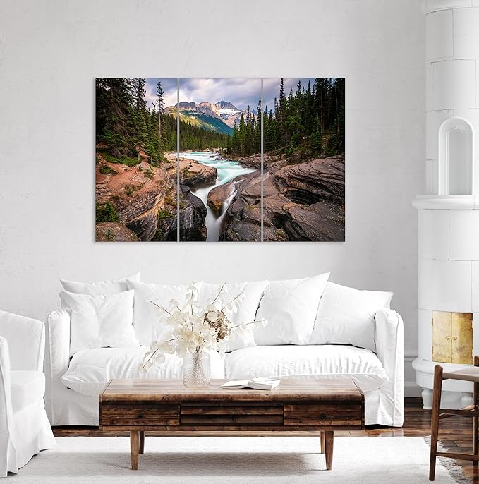Nature Wall Art Prints - Ocean Forest Mountain Lake Canvas Landscapes - Small to Extra Large Living Room Bedroom Kitchen Bathroom Décor (Mountain River Waterfall, 47L" x 71W" - 3 panels)
