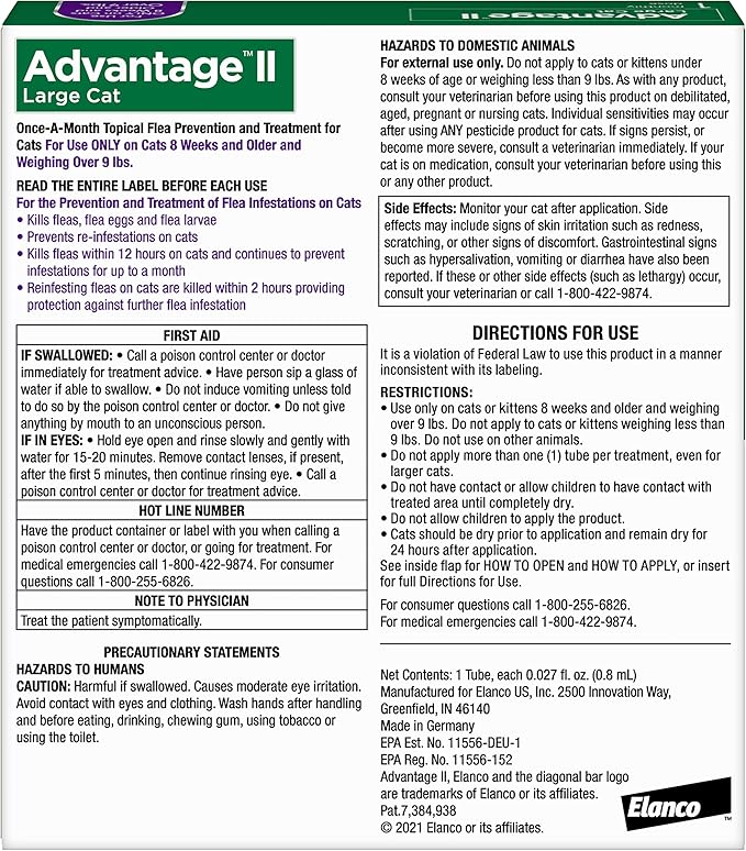 Advantage II Large Cat Vet-Recommended Flea Treatment & Prevention | Cats Over 9 lbs. | 1-Month Supply