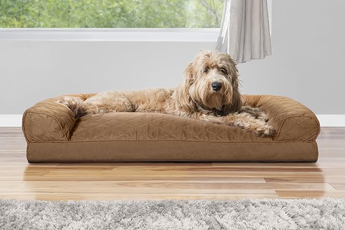 Furhaven Pillow Dog Bed for Large/Medium Dogs w/ Removable Bolsters & Washable Cover - Quilted Sofa - Toasted Brown, Large