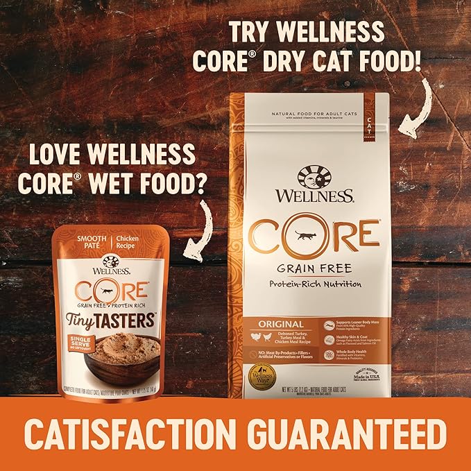 Wellness CORE Tiny Tasters Pate Adult Wet Cat Food, Natural, Protein-Rich, Grain Free, 1.75 Ounce Pouch, 12 Pack (Chicken & Turkey)