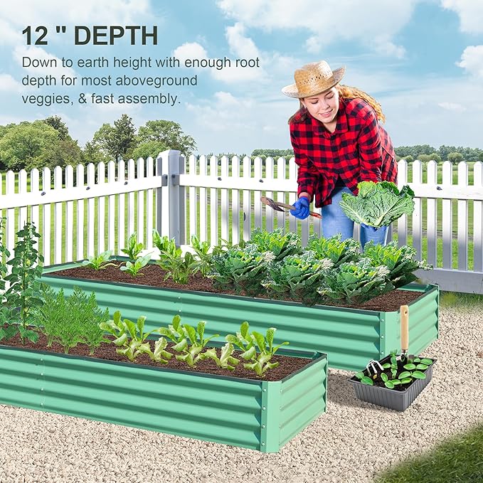 Domi Galvanized Raised Garden Bed, 8x4x1Ft Thickening Metal Planter Box for Vegetables Bottomless for Backyard Outdoor, 1" Deep w/ 228 Gallon Capacity - Green