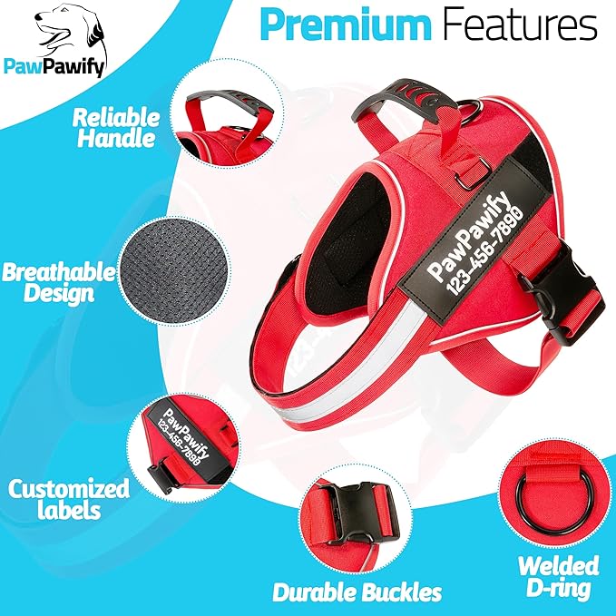 PawPawify Custom No Pull Dog Harness with Name and Phone Number, Heavy Duty Personalized Pet Vest to Prevent Tugging, Pulling, or Choking, Training and Walking (New Red, XXL (85-140 LBS))