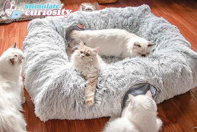 XxingSheep 4 Cave Shuttled XL Cat Tunnel Bed for Indoor Cats Peekaboo Toy Donut with Warm Mat