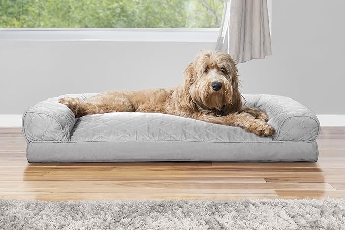 Furhaven Pillow Dog Bed for Large/Medium Dogs w/ Removable Bolsters & Washable Cover - Quilted Sofa - Silver Gray, Large