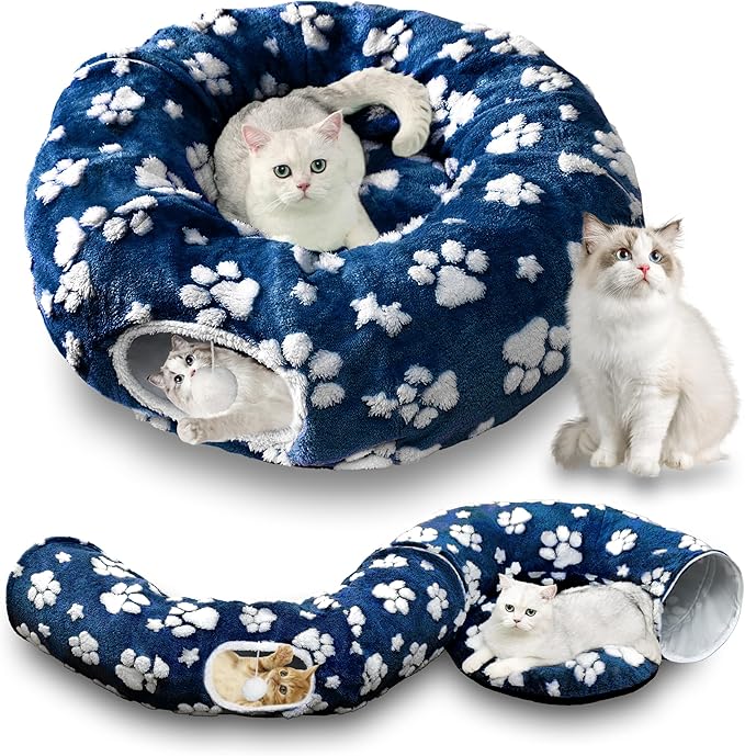 Cat Tunnel for Indoor Cats, Cute Peekaboo Cat Cave with Dangling Balls, Pet Donut Tunnel Bed with Circle Mat for Puppy Kitten Rabbit, Blue Paw
