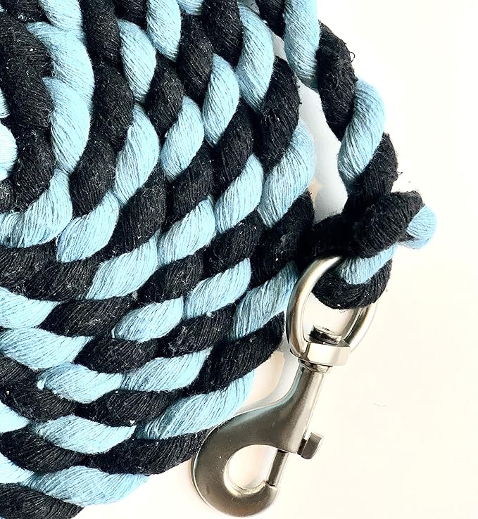 Majestic Ally Pack of 2 Solid Cotton Lead Rope for Horses & Livestock – 10 Foot Long and 5/8 inch Thick - Replaceable Heavy-Duty Satin Bolt Snap – Handmade – Soft, Broken in Feel (Sky Blue - Black)