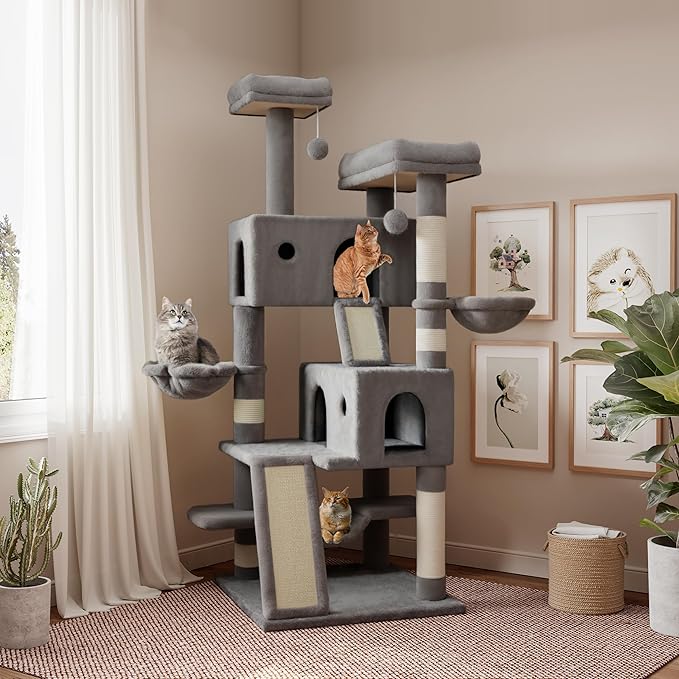 SHA CERLIN 65in Larger Cat Tree Tower Condo for Indoor Kitties/Multi-Level Furniture Activity Center with Wide Base/Cozy Plush Cat Perches/Baskets/Sisal Scratching Posts and Hammock/Grey