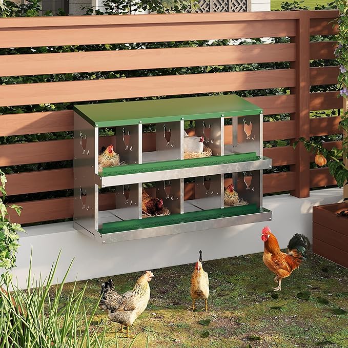 8 Hole Chicken Nesting Box with Roll Out Egg Tray, Rustproof & Ventilated Chicken Laying Boxes for Hens, Chickens, Ducks | Easy-Clean Poultry Coop Accessories