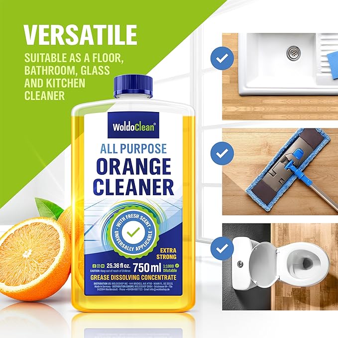 Orange Oil Cleaner Concentrated 25.36 fl oz (1 : 1000) - makes up to 200 Gallons Multi-Use Adhesive & Grease Remover, Custom-Dilution Citrus Degreaser for Floors, Kitchen & Bath