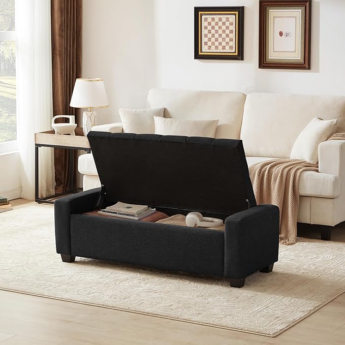 48" Ottoman with Storage, Black Storage Ottoman Bench with Safety Hinge, Upholstered Entryway Bench with Seating for Bedroom, Living Room, Holds up to 330 lb