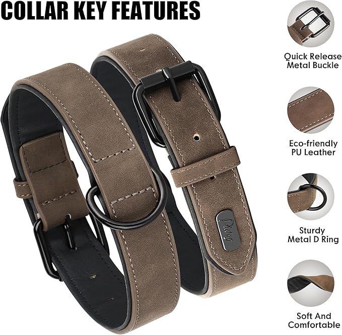 Didog Soft Padded PU Leather Dog Collar, Breathable and Adjustable Dog Collars for Medium Dogs, Comfortable for Daily Walk, Brown, L Fit Neck 13-17"(22-44 lbs)