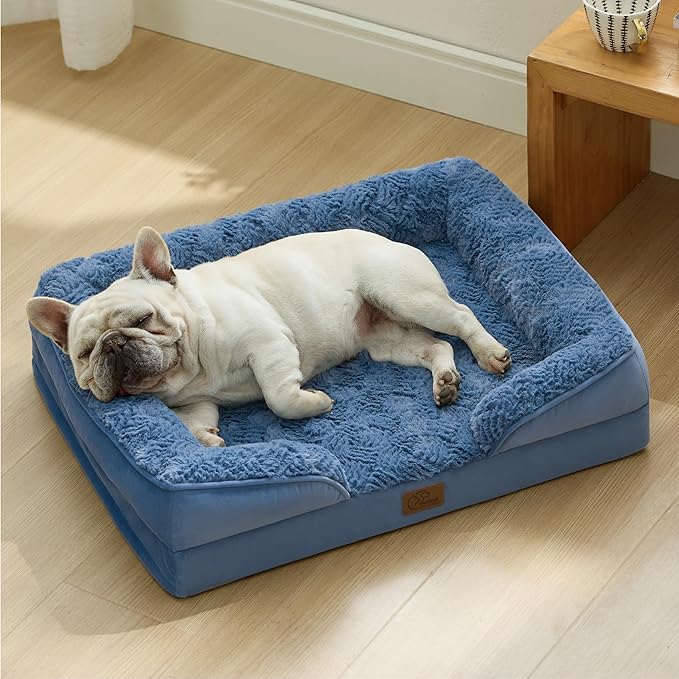Bedsure Orthopedic Dog Bed Medium Size Dogs - Washable Medium Dog Cat Bed Waterproof, Comfort Pet Couch Sofa with Washable Removable Cover, Pets Bed with Nonskid Bottom, Plush-Blue, 28"