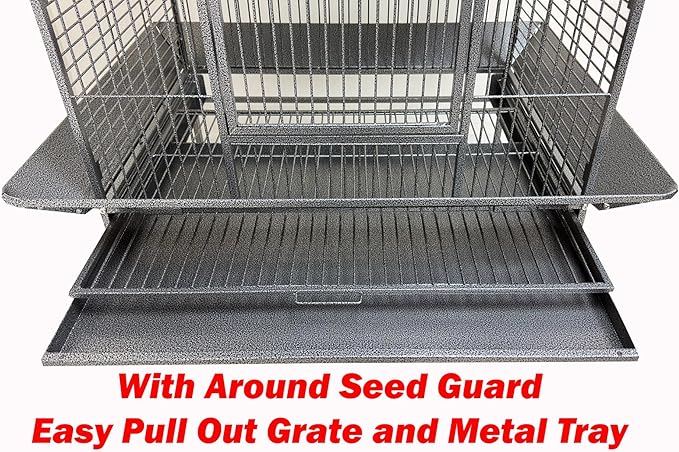 X-Large Elegant and Durable Wrought Iron Play Ground Perch Stand Top Climbing Ladder Bird Parrot Rolling Metal Cage with Around Seed Guard Storage Shelf On Heavy Duty Lockable Rolling Wheels