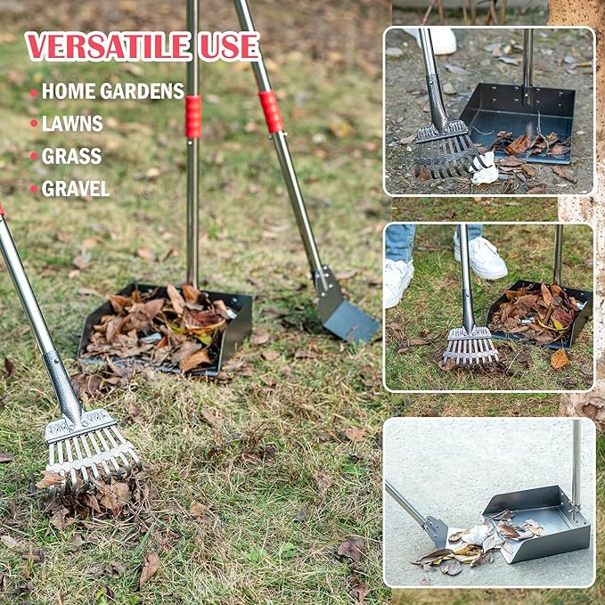 Dog Pooper Scooper Set, Pooper Scooper for Dog, Heavy Duty Stainless Steel Rake with Extra Large Tray & Spade No Bending Clean Up for Pet Waste Removal, for Grass, Dirt Or Gravel.