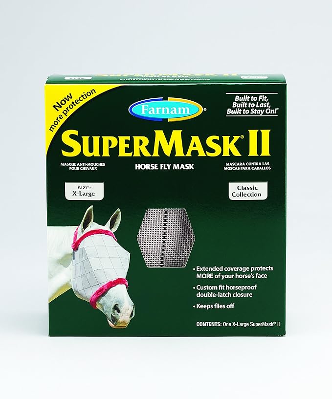 Farnam SuperMask II Fly Mask Without Ears for Larger Horses, Full Face Coverage and Eye Protection from Insect Pests, Structured Classic Styling Mesh with Plush Trim, XL Size