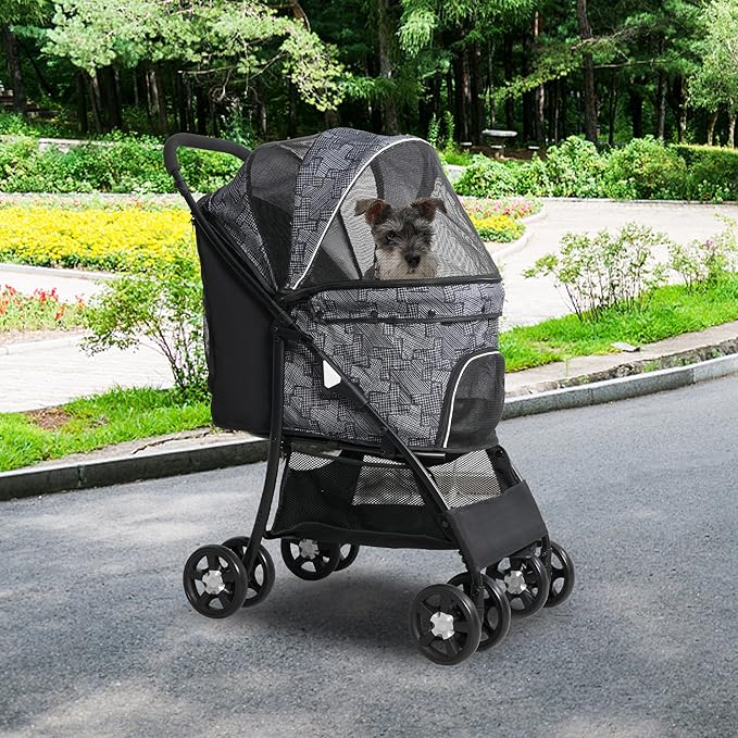 Lightweight Pet Stroller for Small/Medium Dogs and Cats - Foldable Travel Carriage with Storage Basket, Breathable Mesh & 4 Wheels - Up to 33 lbs – Black