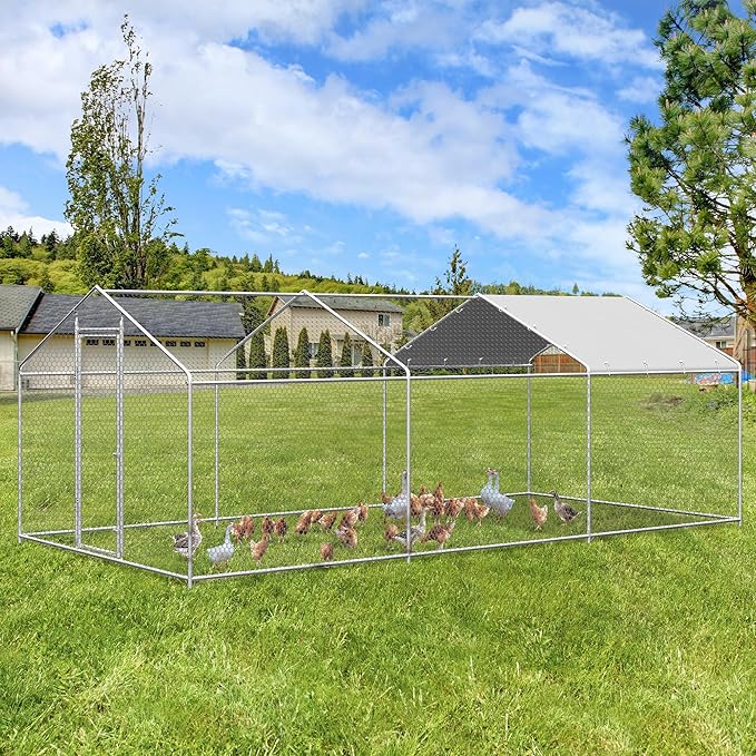 Large Metal Chicken Coop, Walk-in Chicken Run Pen with Waterproof Cover, Spire Roof Poultry Cage for Outdoor, Backyard, Farm