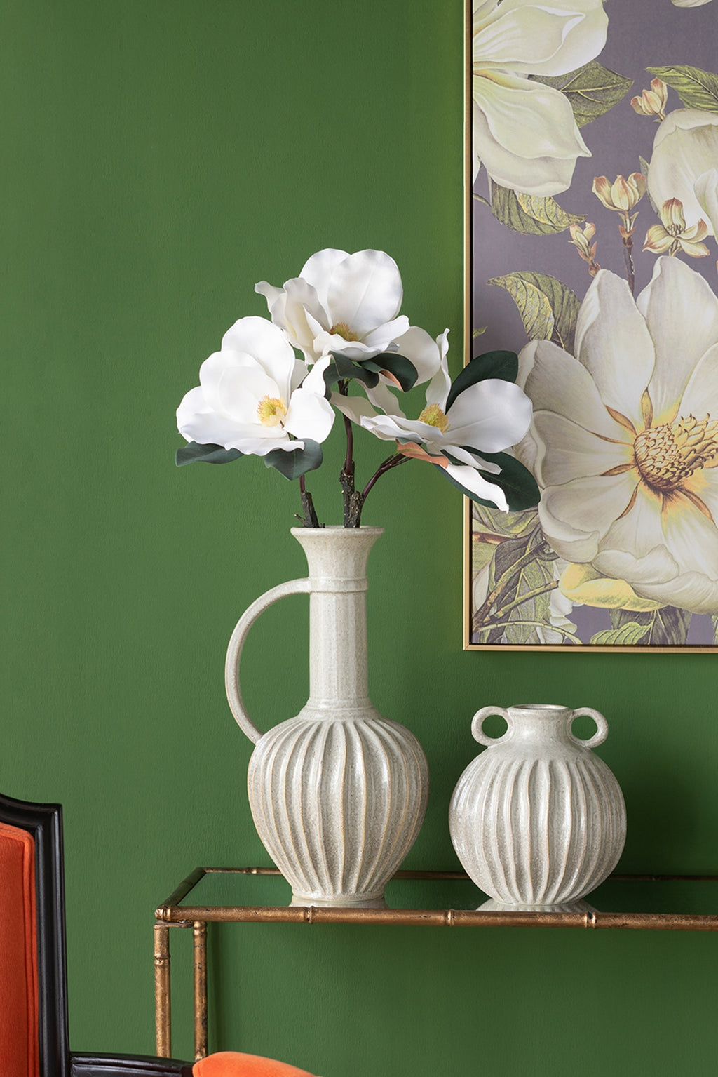 9x9x10' Decorative Round Ceramic Flower Vase with Small Handles and Textured Motif, Gold