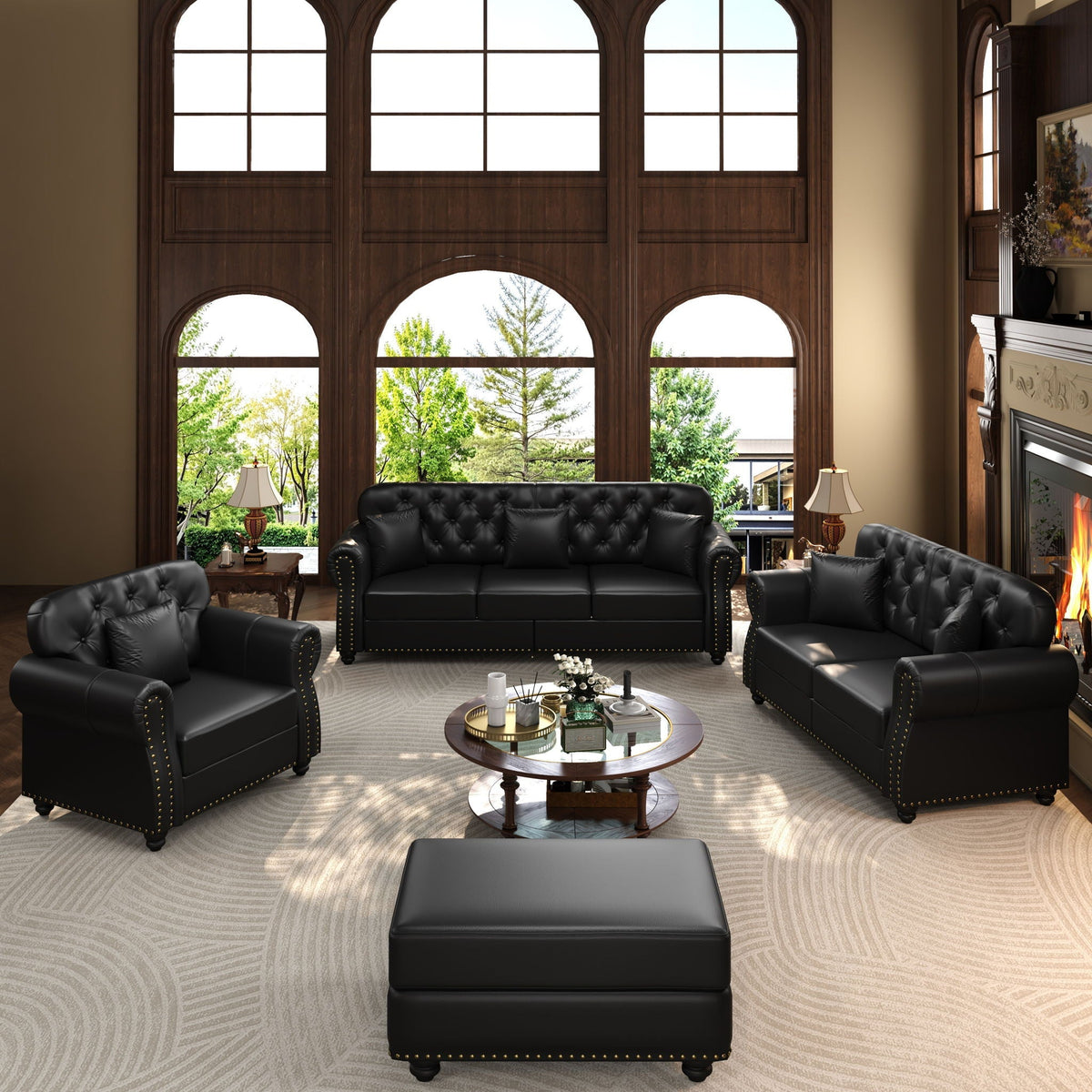 Upholstered Sofa With Nailhead Trim, Rolled Armrests With Ottoman