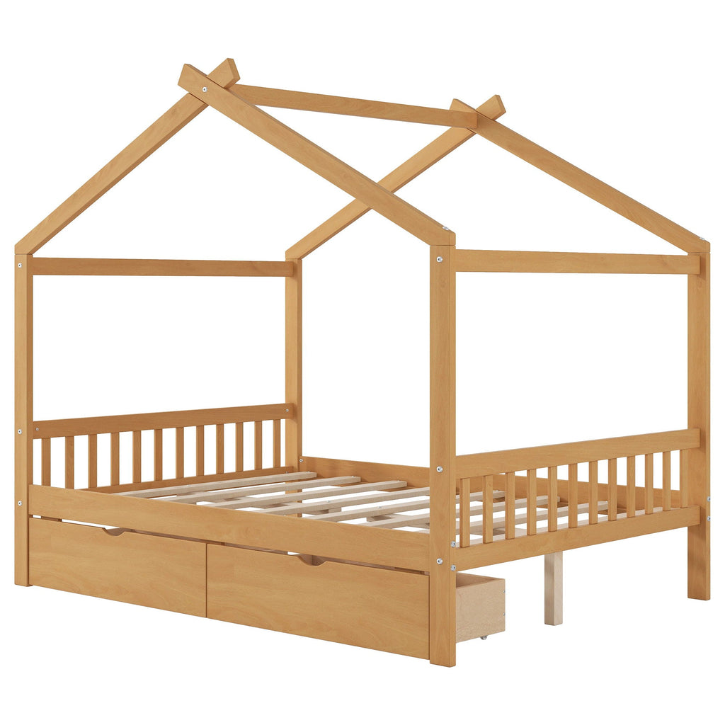 House Style Platform Bed With Headboard, Footboard, 2 Drawers, And Roof Design