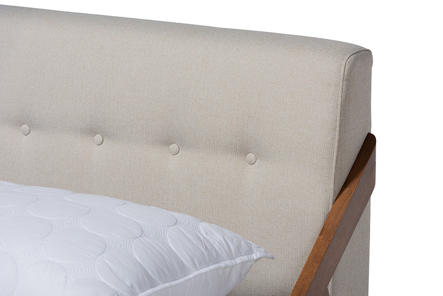 Baxton Studio Sante Mid-Century Modern Light Beige Fabric Upholstered Wood Full Size Platform Bed