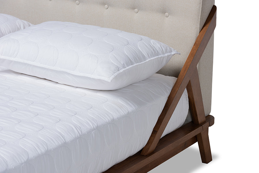 Baxton Studio Sante Mid-Century Modern Light Beige Fabric Upholstered Wood Full Size Platform Bed