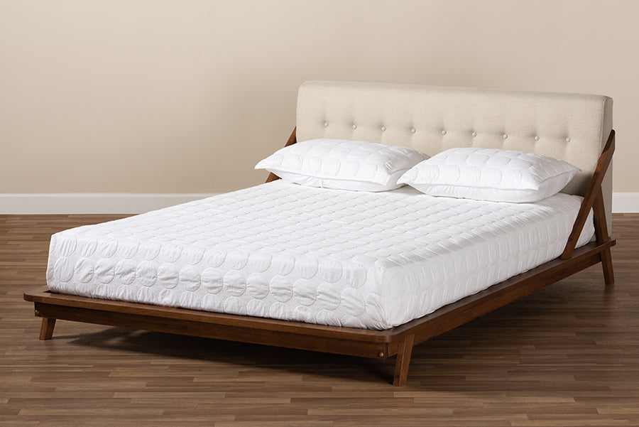 Baxton Studio Sante Mid-Century Modern Light Beige Fabric Upholstered Wood Full Size Platform Bed