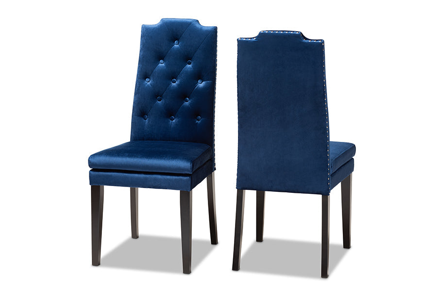Baxton Studio Dylin Modern and Contemporary Navy Blue Velvet Fabric Upholstered Button Tufted Wood Dining Chair Set of 2