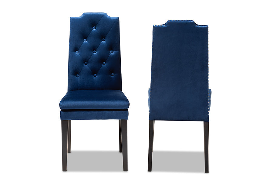 Baxton Studio Dylin Modern and Contemporary Navy Blue Velvet Fabric Upholstered Button Tufted Wood Dining Chair Set of 2