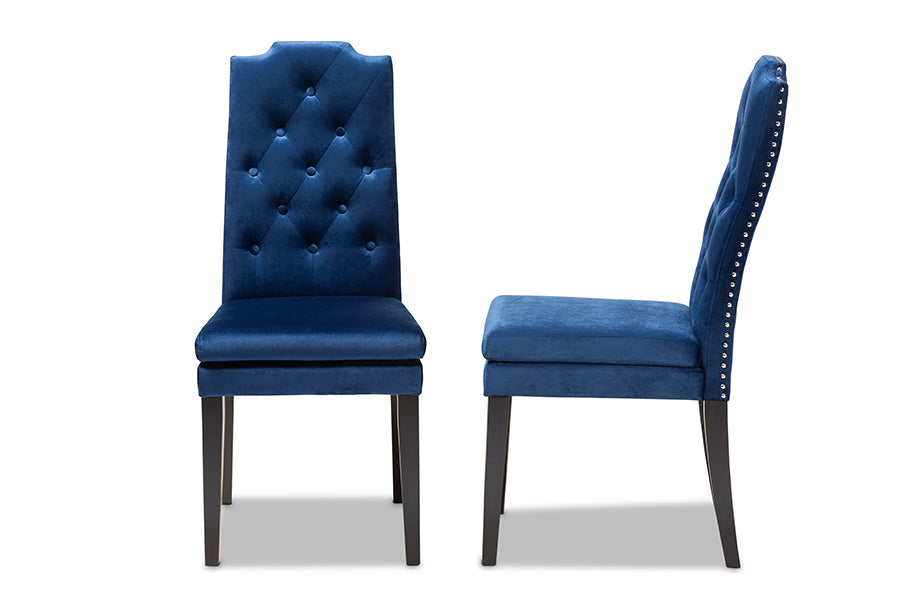 Baxton Studio Dylin Modern and Contemporary Navy Blue Velvet Fabric Upholstered Button Tufted Wood Dining Chair Set of 2